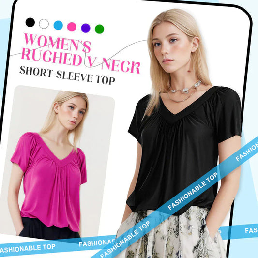 🎁LAST DAY SALE £12.99🔥Summer Hot Sale 50% OFF⏳Women's Casual Pleated V-Neck Short-Sleeve Top